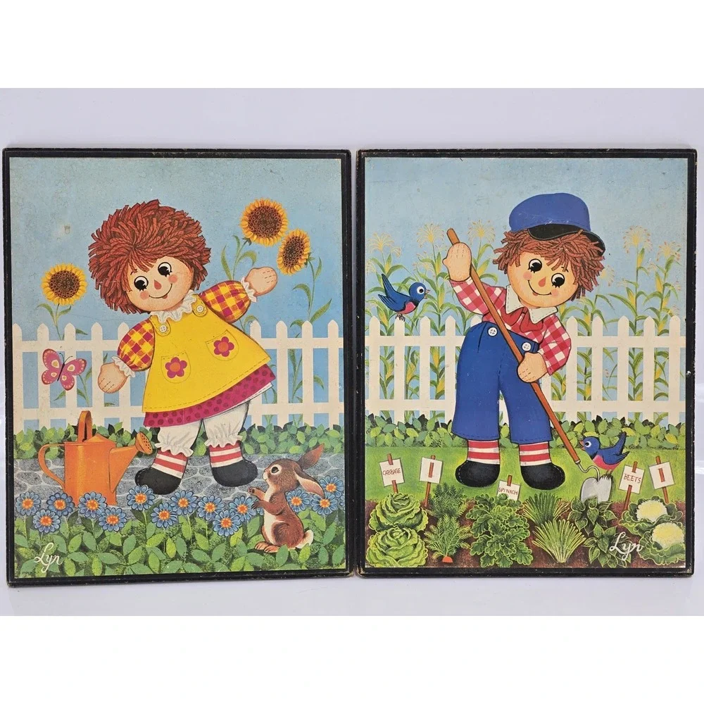 2 Lot Of VINTAGE Raggedy Ann & Andy Wooden Pictures Wall‎ Hanging 1970s